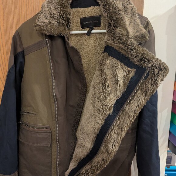 BCBG MAX AZRIA  Colorblock Faux Fur Lined Crop Zip Coat-Women's Size Medium - Picture 3 of 5